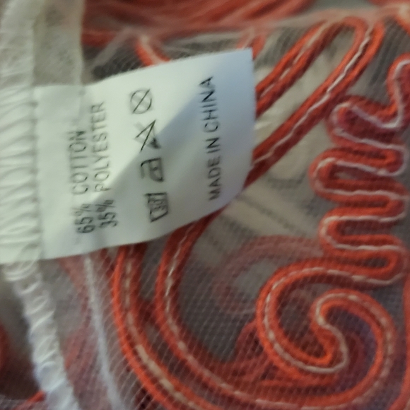 Couture Sheer Embroidered Red/White Triangular Sleeve Hem Finish Top Blouse - Picture 9 of 9